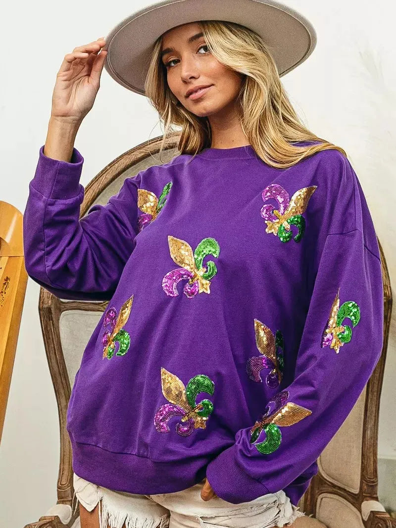 BiBi Parade Day Glam Sequin Fleur De Lis Patch Mardi Gras Sweatshirt-Women's Shirts & Tops-Shop Z & Joxa