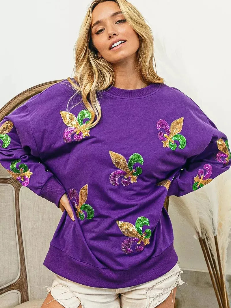BiBi Parade Day Glam Sequin Fleur De Lis Patch Mardi Gras Sweatshirt-Women's Shirts & Tops-Shop Z & Joxa