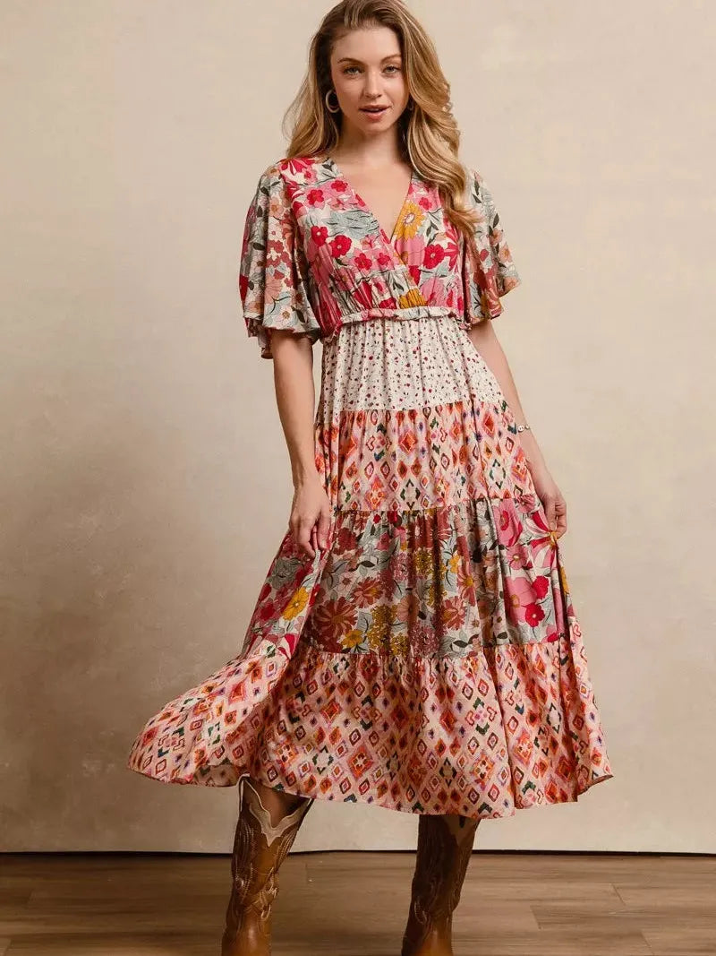 BiBi Patchwork Petals Floral Print Tiered Midi Dress-Women's Dresses-Shop Z & Joxa