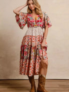 BiBi Patchwork Petals Floral Print Tiered Midi Dress-Women's Dresses-Shop Z & Joxa