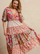 BiBi Patchwork Petals Floral Print Tiered Midi Dress-Women's Dresses-Shop Z & Joxa