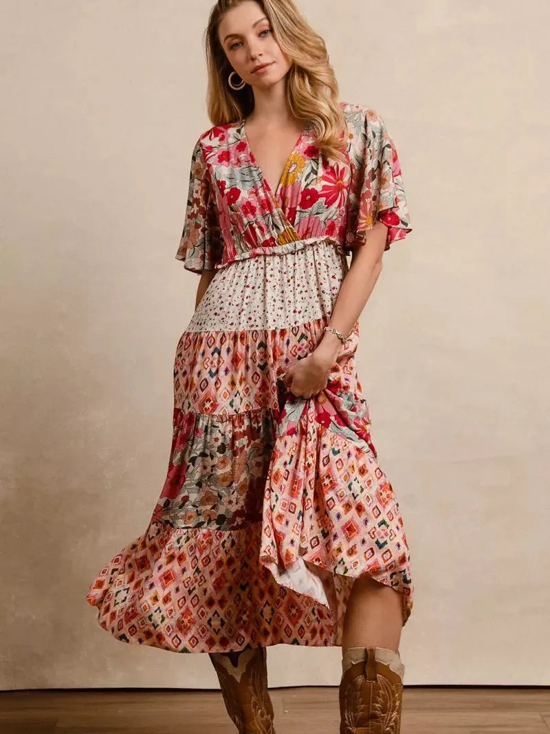 BiBi Patchwork Petals Floral Print Tiered Midi Dress-Women's Dresses-Shop Z & Joxa