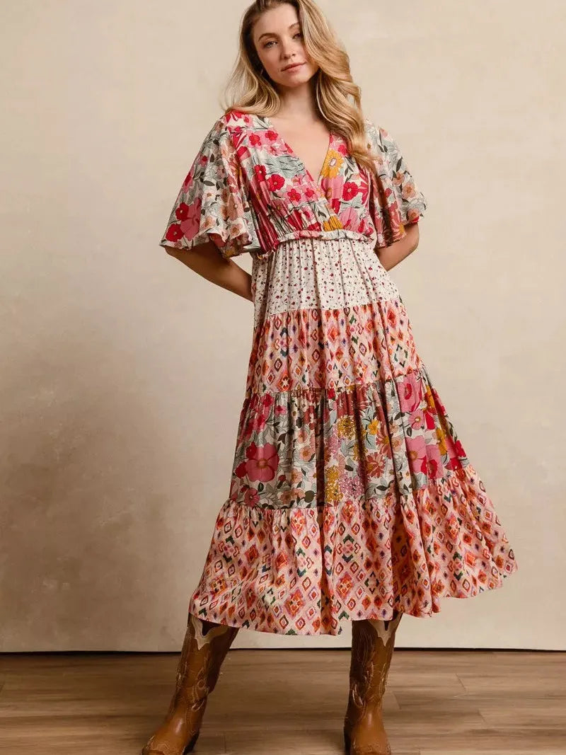 BiBi Patchwork Petals Floral Print Tiered Midi Dress-Women's Dresses-Shop Z & Joxa