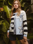 BiBi Patchwork Pulse Striped Floral Long Sleeve Sweatshirt-Women's Shirts & Tops-Shop Z & Joxa