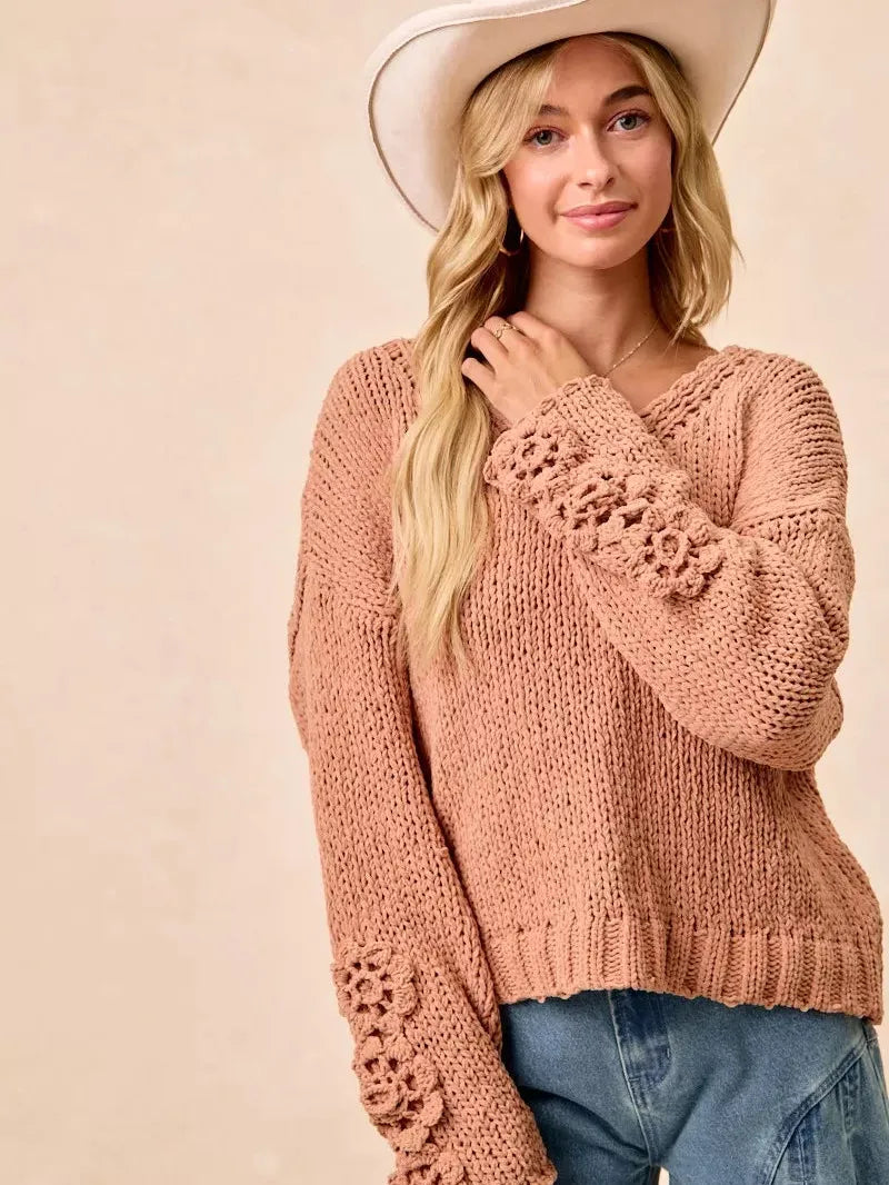 BiBi Petal Purl Chunky Knit Sweater with Flower Detail Sleeves-Women's Shirts & Tops-Shop Z & Joxa