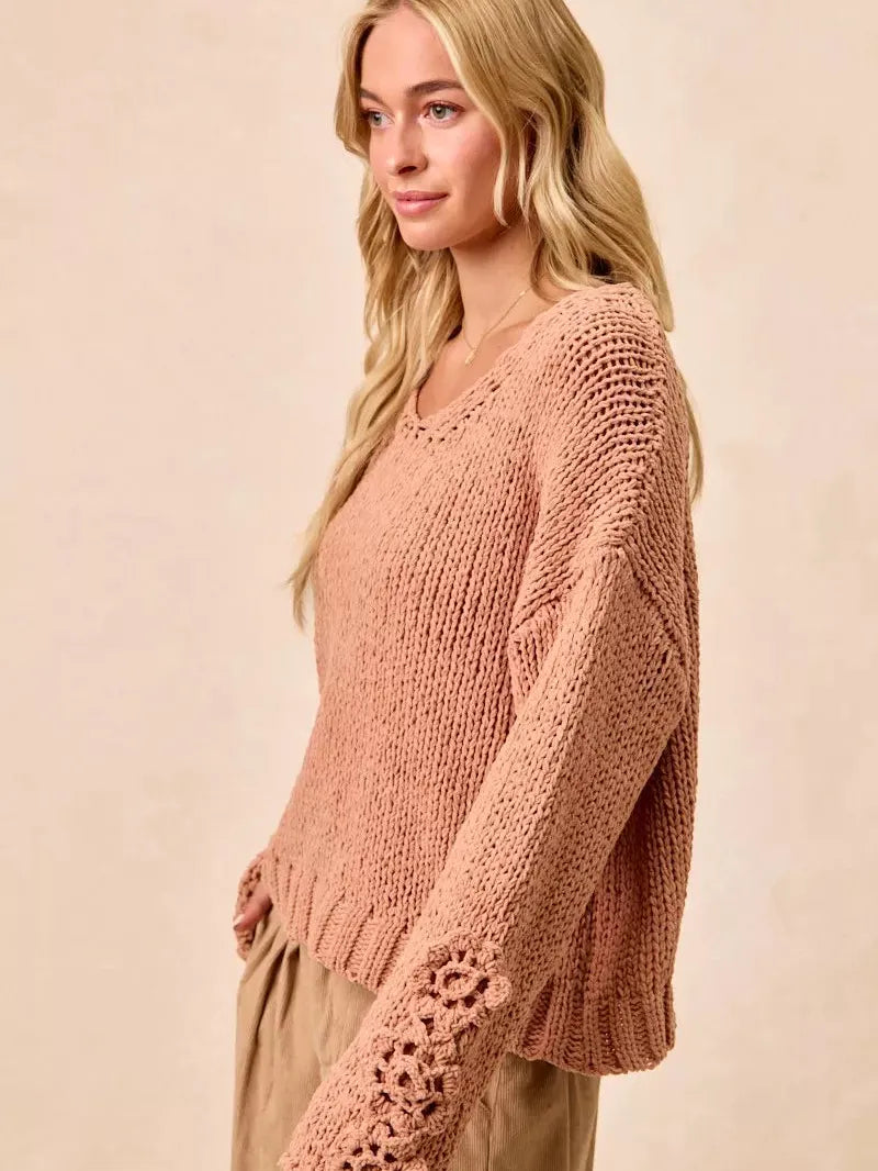 BiBi Petal Purl Chunky Knit Sweater with Flower Detail Sleeves-Women's Shirts & Tops-Shop Z & Joxa