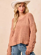 BiBi Petal Purl Chunky Knit Sweater with Flower Detail Sleeves-Women's Shirts & Tops-Shop Z & Joxa