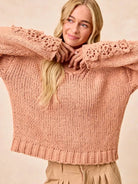 BiBi Petal Purl Chunky Knit Sweater with Flower Detail Sleeves-Women's Shirts & Tops-Shop Z & Joxa