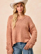 BiBi Petal Purl Chunky Knit Sweater with Flower Detail Sleeves-Women's Shirts & Tops-Shop Z & Joxa