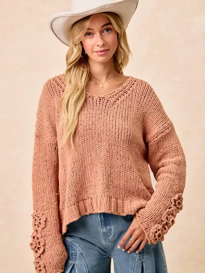 BiBi Petal Purl Chunky Knit Sweater with Flower Detail Sleeves-Women's Shirts & Tops-Shop Z & Joxa