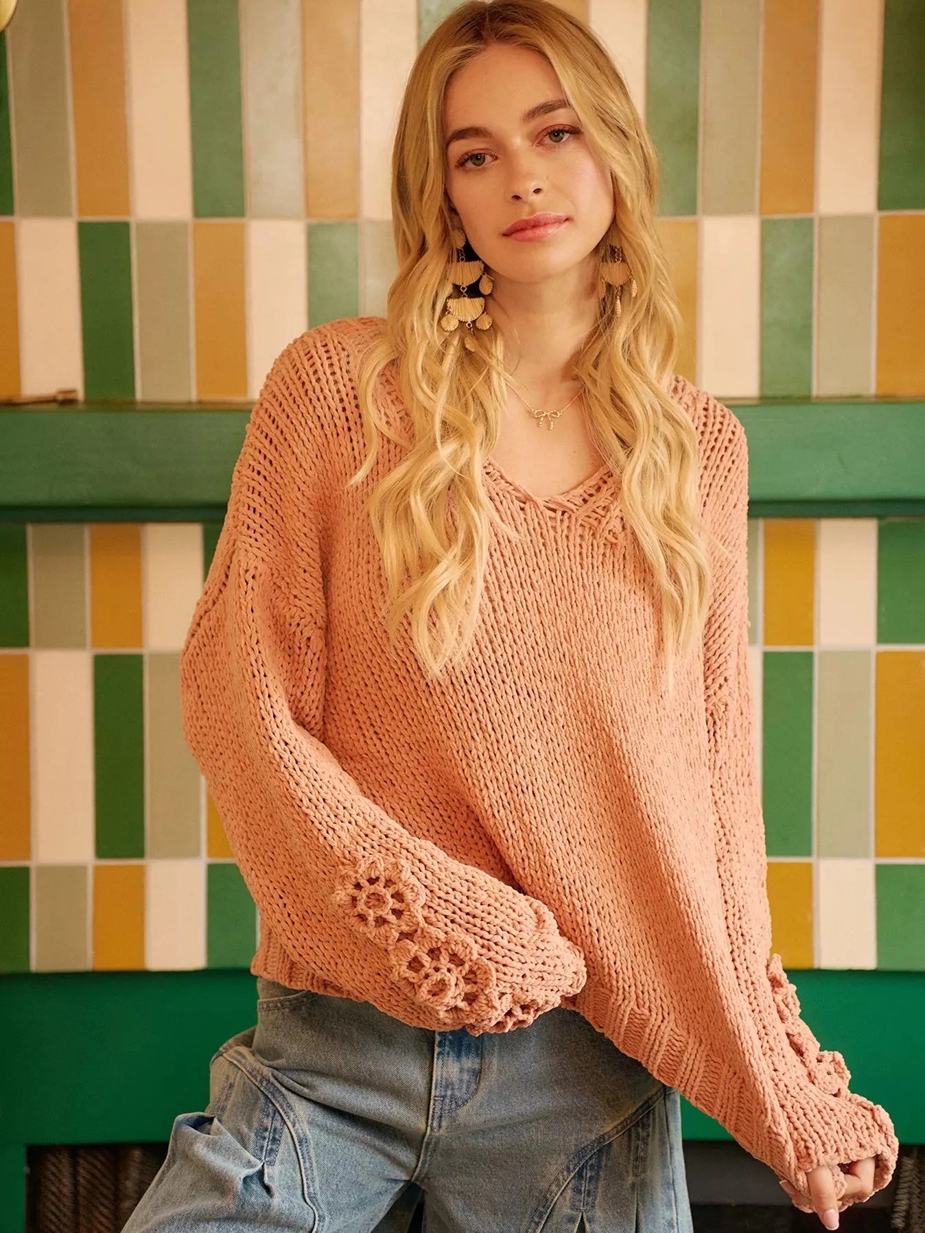 BiBi Petal Purl Chunky Knit Sweater with Flower Detail Sleeves-Women's Shirts & Tops-Shop Z & Joxa