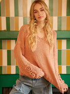 BiBi Petal Purl Chunky Knit Sweater with Flower Detail Sleeves-Women's Shirts & Tops-Shop Z & Joxa