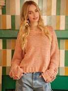 BiBi Petal Purl Chunky Knit Sweater with Flower Detail Sleeves-Women's Shirts & Tops-Shop Z & Joxa