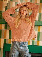 BiBi Petal Purl Chunky Knit Sweater with Flower Detail Sleeves-Women's Shirts & Tops-Shop Z & Joxa
