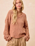BiBi Petal Purl Chunky Knit Sweater with Flower Detail Sleeves-Women's Shirts & Tops-Shop Z & Joxa