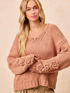 BiBi Petal Purl Chunky Knit Sweater with Flower Detail Sleeves-Women's Shirts & Tops-Shop Z & Joxa
