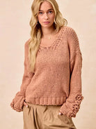 BiBi Petal Purl Chunky Knit Sweater with Flower Detail Sleeves-Women's Shirts & Tops-Shop Z & Joxa