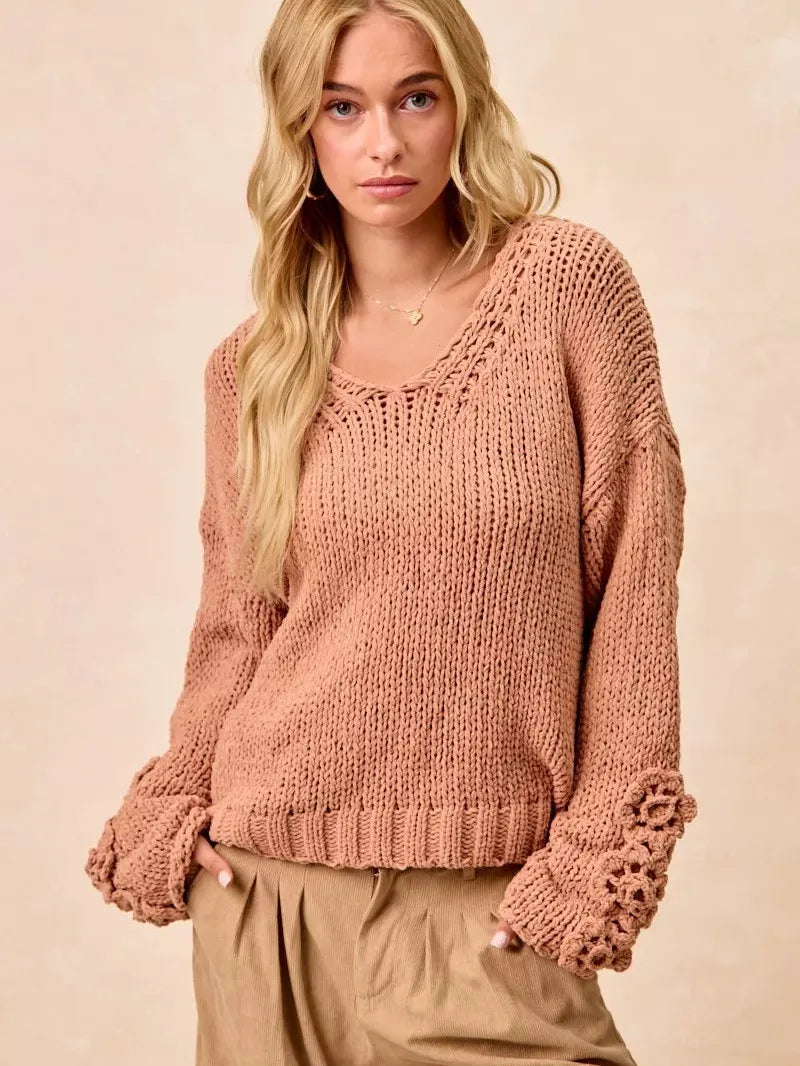 BiBi Petal Purl Chunky Knit Sweater with Flower Detail Sleeves-Women's Shirts & Tops-Shop Z & Joxa