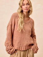 BiBi Petal Purl Chunky Knit Sweater with Flower Detail Sleeves-Women's Shirts & Tops-Shop Z & Joxa