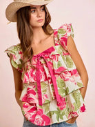 BiBi Petal Pushing Square Neck Floral Ruffle Top with Bows-Women's Shirts & Tops-Shop Z & Joxa