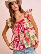 BiBi Petal Pushing Square Neck Floral Ruffle Top with Bows-Women's Shirts & Tops-Shop Z & Joxa