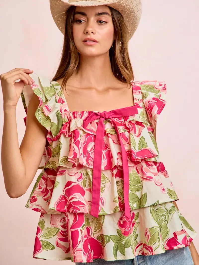 BiBi Petal Pushing Square Neck Floral Ruffle Top with Bows-Women's Shirts & Tops-Shop Z & Joxa
