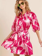 BiBi Pink Leaf Collared Satin Mini Dress-Women's Dresses-Shop Z & Joxa