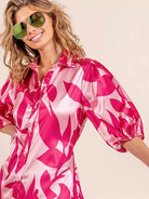 BiBi Pink Leaf Collared Satin Mini Dress-Women's Dresses-Shop Z & Joxa
