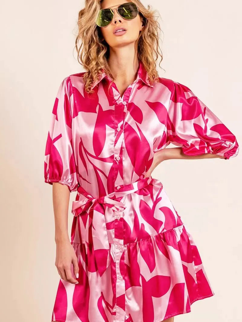 BiBi Pink Leaf Collared Satin Mini Dress-Women's Dresses-Shop Z & Joxa