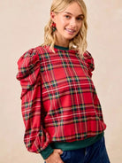 BiBi Plaid Tidings Ruffled Shoulder Long Sleeve Festive Top-Women's Shirts & Tops-Shop Z & Joxa