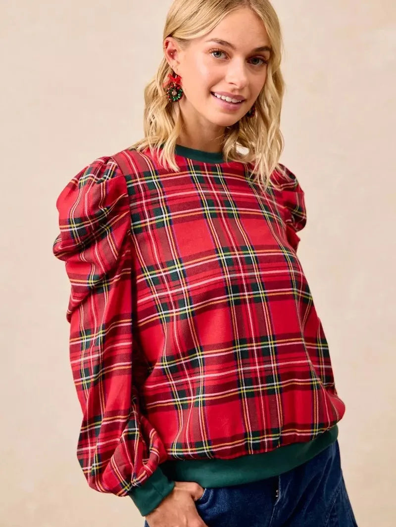 BiBi Plaid Tidings Ruffled Shoulder Long Sleeve Festive Top-Women's Shirts & Tops-Shop Z & Joxa