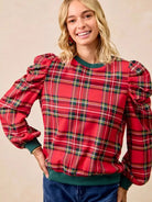 BiBi Plaid Tidings Ruffled Shoulder Long Sleeve Festive Top-Women's Shirts & Tops-Shop Z & Joxa