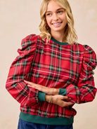 BiBi Plaid Tidings Ruffled Shoulder Long Sleeve Festive Top-Women's Shirts & Tops-Shop Z & Joxa