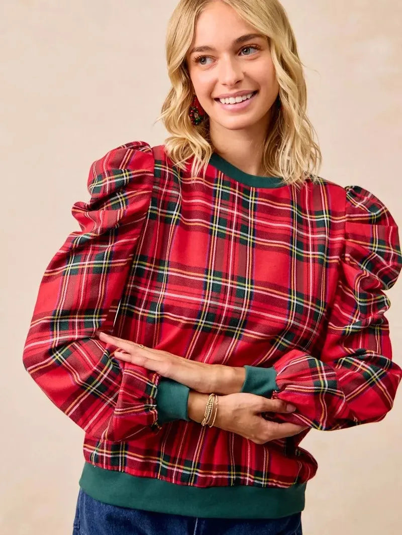 BiBi Plaid Tidings Ruffled Shoulder Long Sleeve Festive Top-Women's Shirts & Tops-Shop Z & Joxa