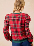 BiBi Plaid Tidings Ruffled Shoulder Long Sleeve Festive Top-Women's Shirts & Tops-Shop Z & Joxa