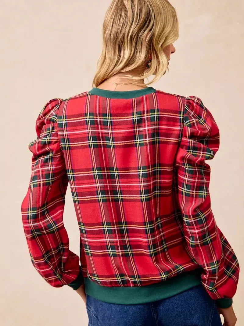 BiBi Plaid Tidings Ruffled Shoulder Long Sleeve Festive Top-Women's Shirts & Tops-Shop Z & Joxa