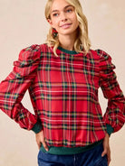 BiBi Plaid Tidings Ruffled Shoulder Long Sleeve Festive Top-Women's Shirts & Tops-Shop Z & Joxa