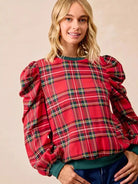BiBi Plaid Tidings Ruffled Shoulder Long Sleeve Festive Top-Women's Shirts & Tops-Shop Z & Joxa