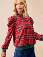 BiBi Plaid Tidings Ruffled Shoulder Long Sleeve Festive Top-Women's Shirts & Tops-Shop Z & Joxa