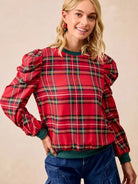 BiBi Plaid Tidings Ruffled Shoulder Long Sleeve Festive Top-Women's Shirts & Tops-Shop Z & Joxa
