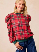 BiBi Plaid Tidings Ruffled Shoulder Long Sleeve Festive Top-Women's Shirts & Tops-Shop Z & Joxa
