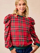 BiBi Plaid Tidings Ruffled Shoulder Long Sleeve Festive Top-Women's Shirts & Tops-Shop Z & Joxa
