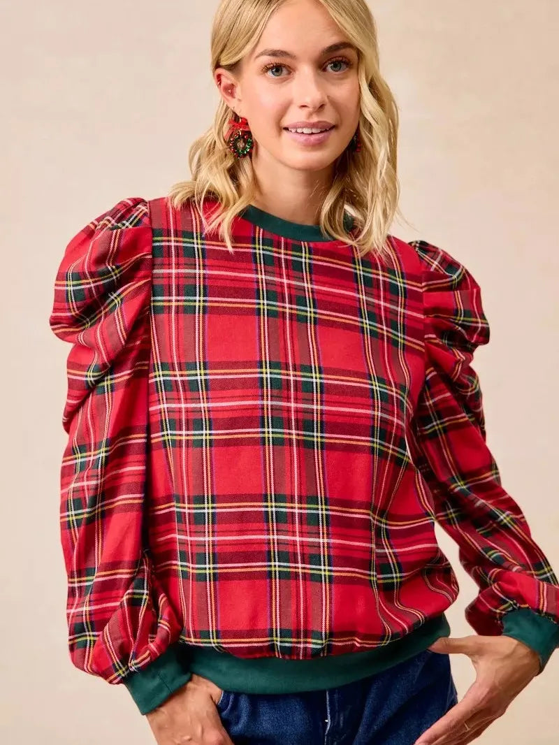 BiBi Plaid Tidings Ruffled Shoulder Long Sleeve Festive Top-Women's Shirts & Tops-Shop Z & Joxa