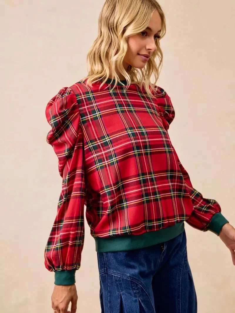 BiBi Plaid Tidings Ruffled Shoulder Long Sleeve Festive Top-Women's Shirts & Tops-Shop Z & Joxa