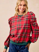 BiBi Plaid Tidings Ruffled Shoulder Long Sleeve Festive Top-Women's Shirts & Tops-Shop Z & Joxa
