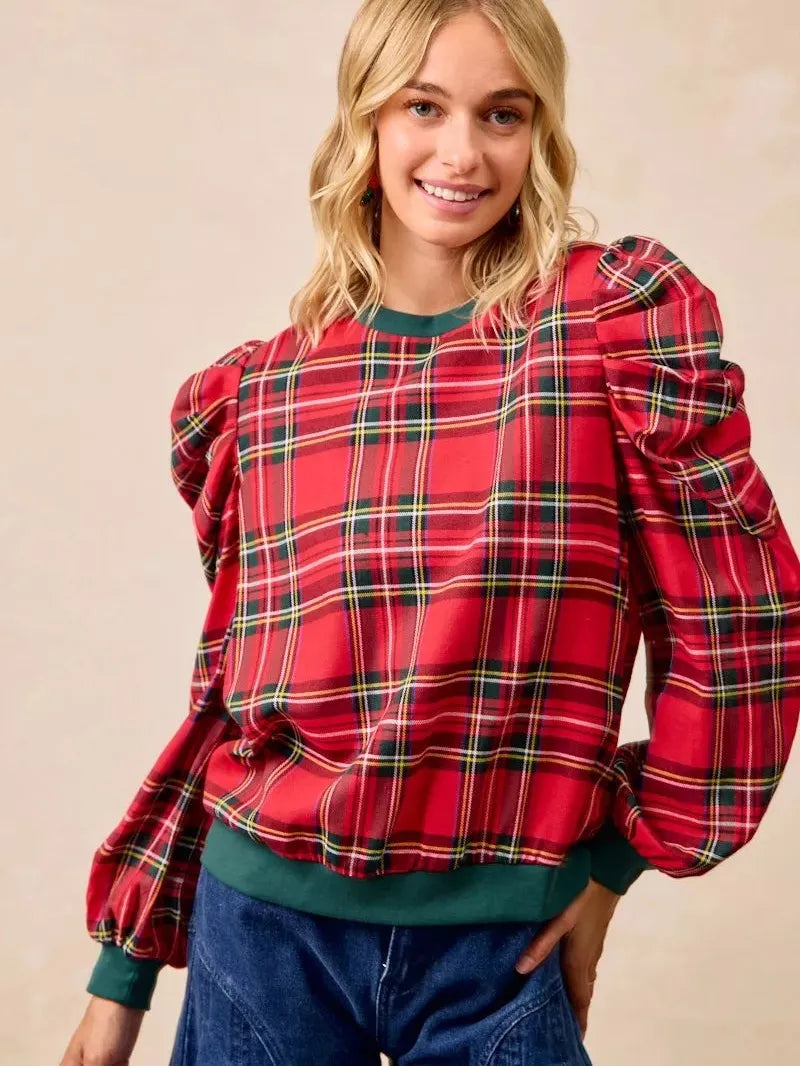 BiBi Plaid Tidings Ruffled Shoulder Long Sleeve Festive Top-Women's Shirts & Tops-Shop Z & Joxa