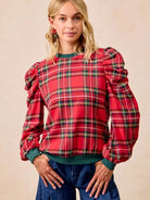 BiBi Plaid Tidings Ruffled Shoulder Long Sleeve Festive Top-Women's Shirts & Tops-Shop Z & Joxa