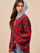 BiBi Plaiditude Brushed Red Plaid Hooded Shacket-Women's Outerwear-Shop Z & Joxa