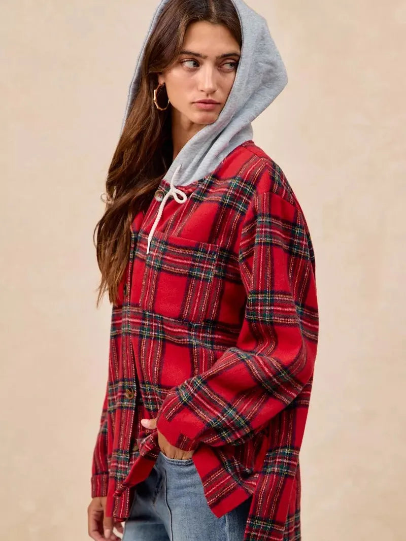 BiBi Plaiditude Brushed Red Plaid Hooded Shacket-Women's Outerwear-Shop Z & Joxa