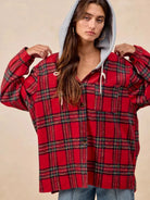 BiBi Plaiditude Brushed Red Plaid Hooded Shacket-Women's Outerwear-Shop Z & Joxa